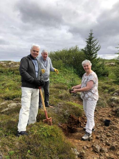 Unnið að gróðursetningunni í Hafnarfirði. Frá vinstri: Ólafur Haraldsson, John Spencer og Ragnheiður Ragnarsdóttir